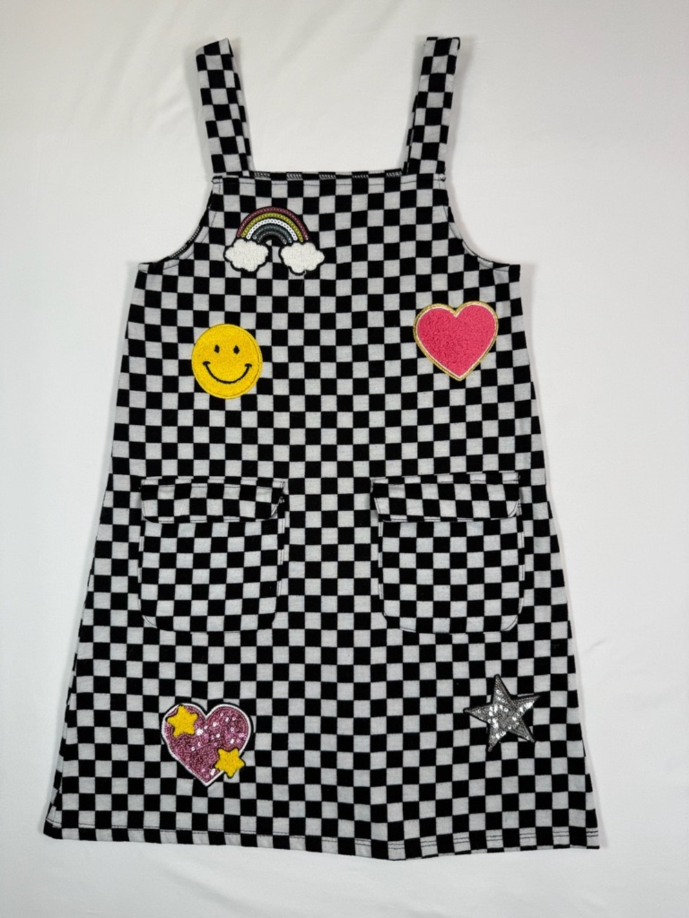 DEREK HEART Checkered Preppy Patch Applique Jumper Overall Dress‎ Retro Size 10